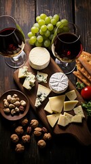 Red and white wine with different types of cheese, grapes, nuts and bread