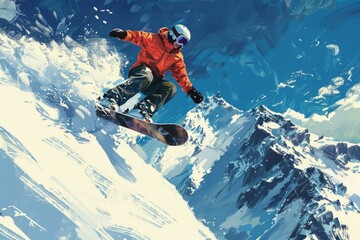 A snowboarder jumps over a snowy mountain