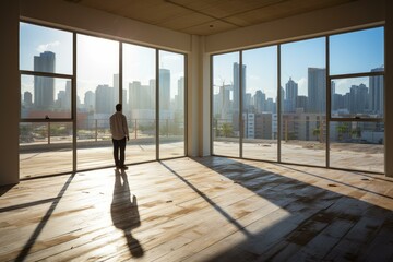Man looking out at the city from an empty room with large windows