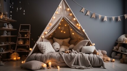 Fototapeta na wymiar Cozy Teepee Tent Bed for Kids with Fairy Lights