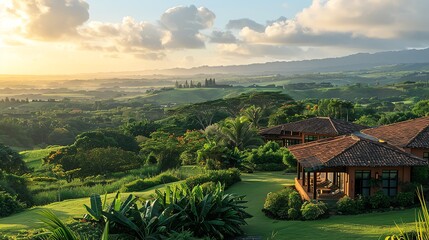 A beautiful landscape of a valley with a house in the foreground and mountains in the background.