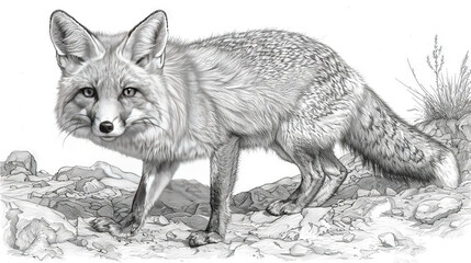 Obraz premium A grayscale illustration of a fox on a rocky background with green foliage in the foreground