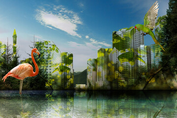 Double exposure of natural scenery with exotic birds and buildings in city