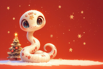 2025 New Year A white snake is sitting in front of a Christmas tree. The tree is decorated with many ornaments, including a star. The scene is festive and cheerful