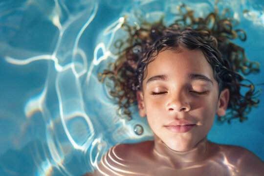 Close up of a young African American boy relaxing with his eyes closed in a pool of clear, calm water