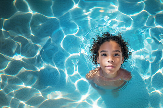 Top view of a young African American boy in a pool of clear, calm water looking at the camera.