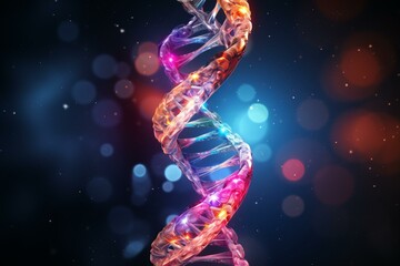 Obraz premium Double helix structure of DNA molecule with glowing spheres representing atoms