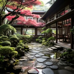 Japanese Garden with Traditional House and Stone Path