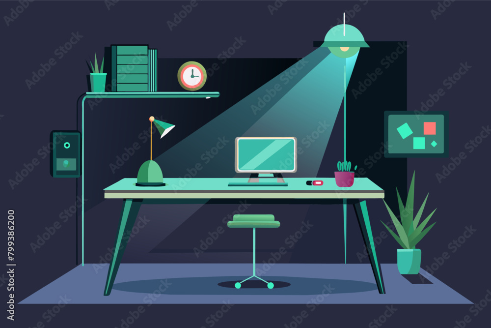 Poster minimalist desk with a built-in, holographic workspace projection.