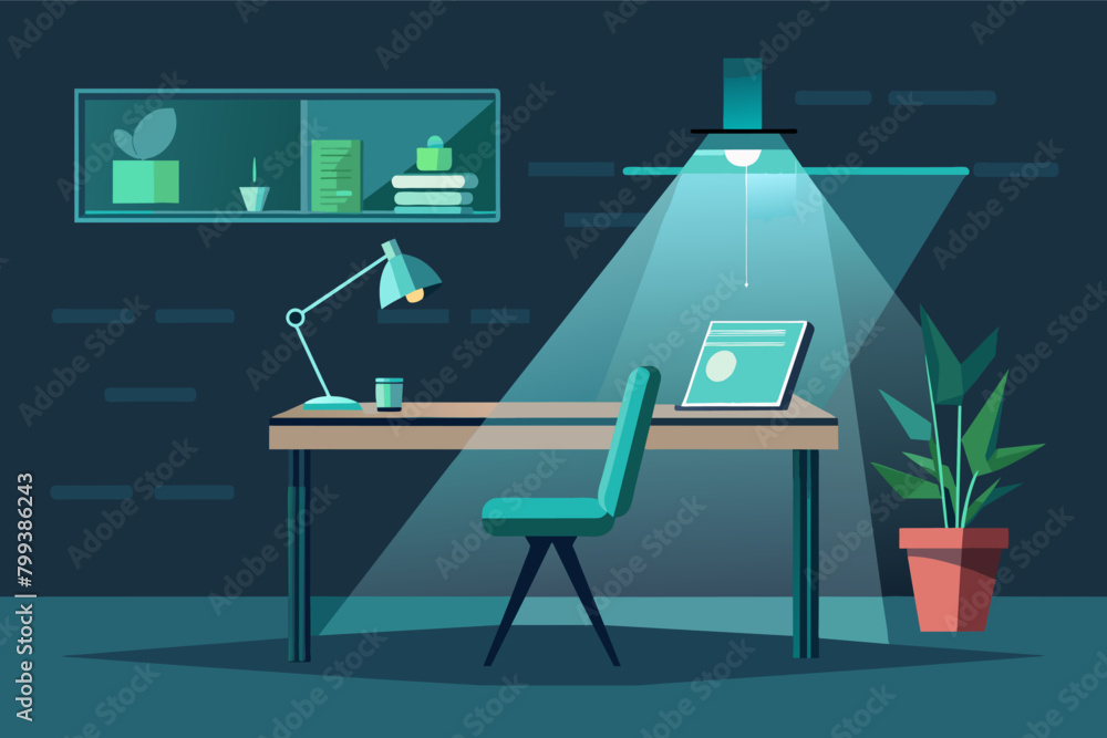 Poster minimalist desk with a built-in, holographic workspace projection.