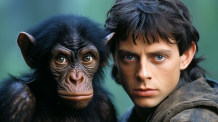 A young man and a chimpanzee stand together in the jungle