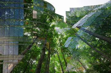 Double exposure of green trees and buildings in city