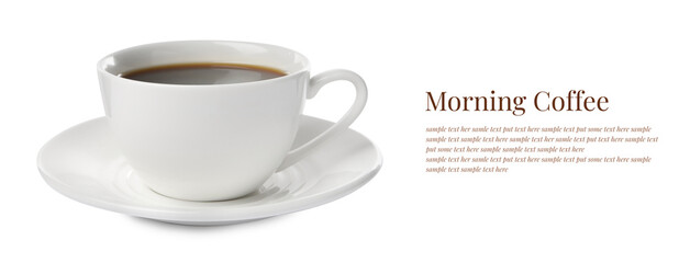 Aromatic coffee in cup and text sample on white background, banner design