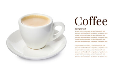 Aromatic coffee in cup and text sample on white background