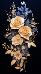 Exquisite golden roses and blue leaves with dark background