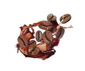 Coffee splash and roasted beans in air on white background