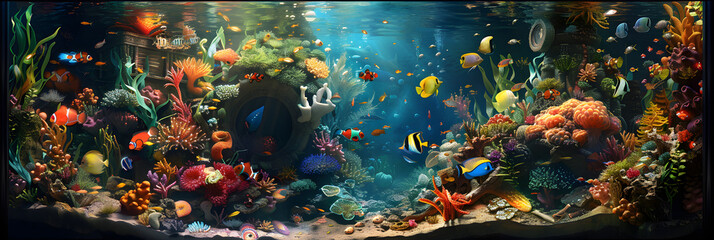 Fototapeta na wymiar Whimsical and Psychedelic Visualization of a Vibrant and Unusual Aquatic Life in a Fish Tank