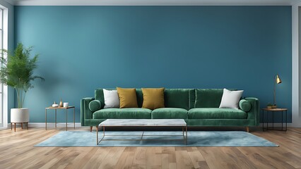  Photo modern vintage interior of living room, blueprint home decor concept ,green couch with marble table on wall and hardwood flooring ,3d render