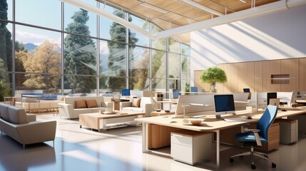 Modern office interior with large windows and a view of the mountains