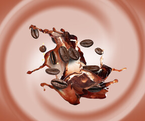 Coffee splash and roasted beans in air on color background