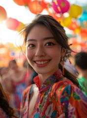 Fototapeta premium Young Woman Celebrating at a Lantern Festival