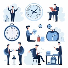 A collection of illustrations of a businessman in various work-related scenarios