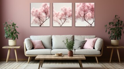 Three panels of pink trees in a pink room