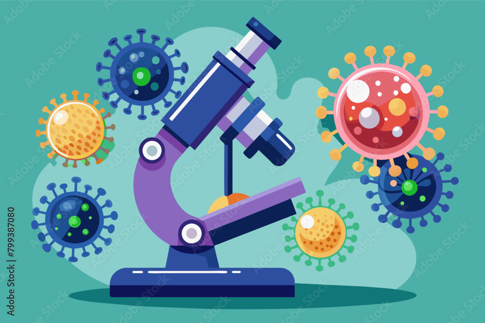 Poster microscope focused on a single virus particle, magnified and detailed to reveal its intricate structure.
