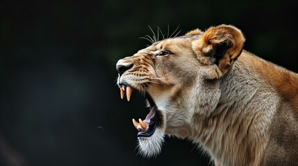 Close up of a lioness roaring with a black background