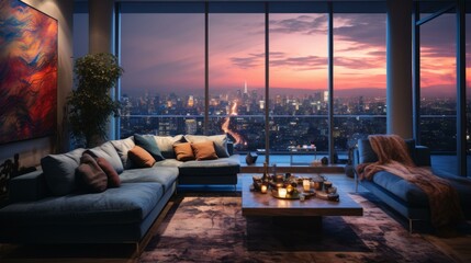 A modern living room with a large window overlooking a city at sunset