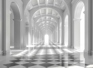 Futuristic interior of a spacious white marbled hallway