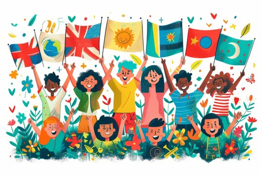 children of the world holding flags of different countries