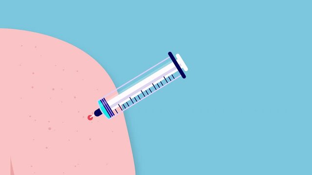 Syringe vaccine shot animation - Animated vector video in flat design of needle with medicine being injected in arm below shoulder. Vaccination and medical treatment concept