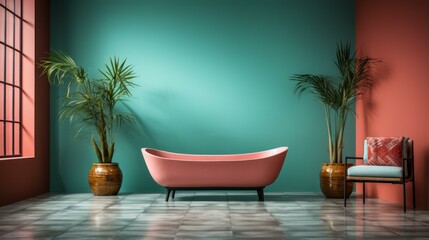Pink bathtub in a green room