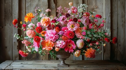   A vase brimming with vibrant flowers atop a weathered wooden table Behind, a rustic wooden wall and a wooden door