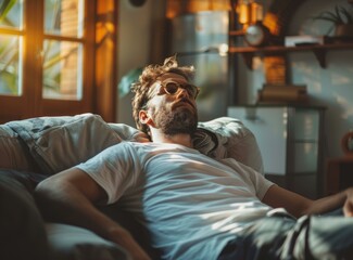Obraz premium Bearded man napping on couch with sunglasses