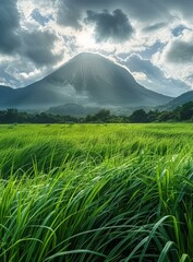 Fototapeta premium Green Grass Field With Mountain In The Background