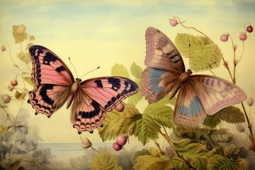 Two pink and blue butterflies on a plant - obrazy, fototapety, plakaty