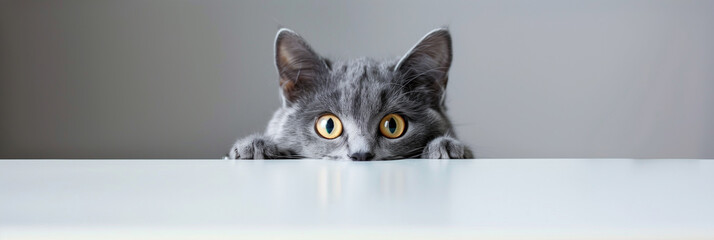 beautiful funny grey British cat peeking out from behind a white table