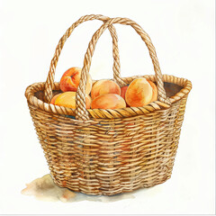 Vintage watercolor of a straw bag with apricot on white background. Perfect for summer-themed advertisements, recipe blogs, and natural product packaging.