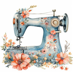 Watercolor retro sewing machine adorned with flowers, pastel colors on white background. Perfect for craft blogs, DIY projects, and vintage-themed designs