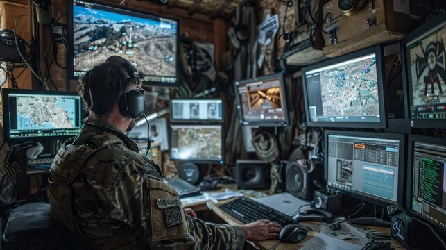 Soldier works at a computer workstation.