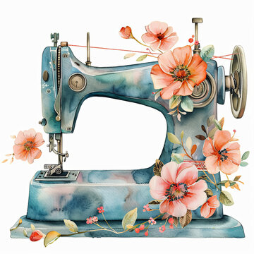 recommend clip art: Watercolor clipart of a retro sewing machine adorned with flowers, pastel colors on white background. Perfect for craft blogs, DIY projects, and vintage-themed designs.