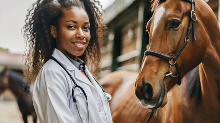 An African female veterinarian at a stable with a horse for examination