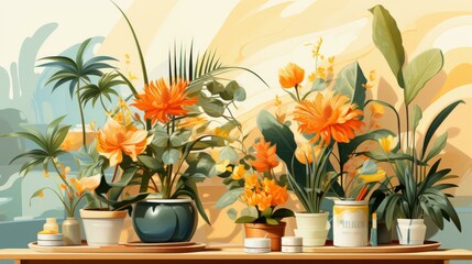 A beautiful painting of a variety of flowers and plants in pots on a table.
