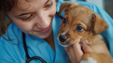 young veterinary student holding cute puppy while smiling at a veterinary clinic
