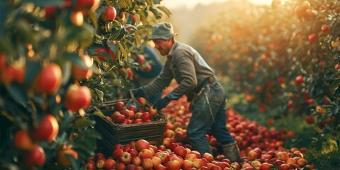 An orchard worker harvests ripe apples into a wooden crate in an apple orchard at harvest time
