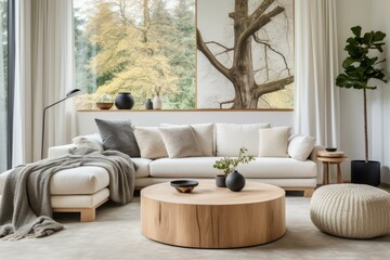 Airy and bright living room with large windows and a white sectional sofa
