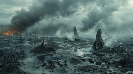 Post-apocalyptic landscape with a dead forest and a large fire in the background