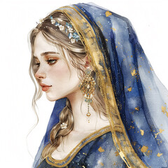 Watercolor Morocco woman wearing a blue and gold scarf with gold beads on her head